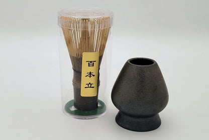 Matcha set handgesneden zwarte bamboe wisk klopper (100 tanden) met houder